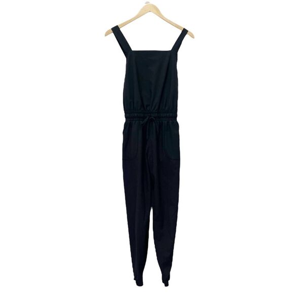Albion Black Square Neck Overall Jumpsuit Sz Small Cinch Waist Adjustable Straps - Picture 2 of 12